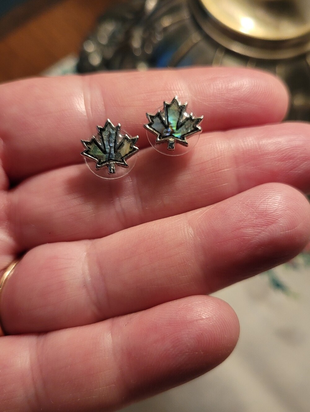 Glacier Pearl Abalone Maple Leaf Stud Earrings - Iridescent Green